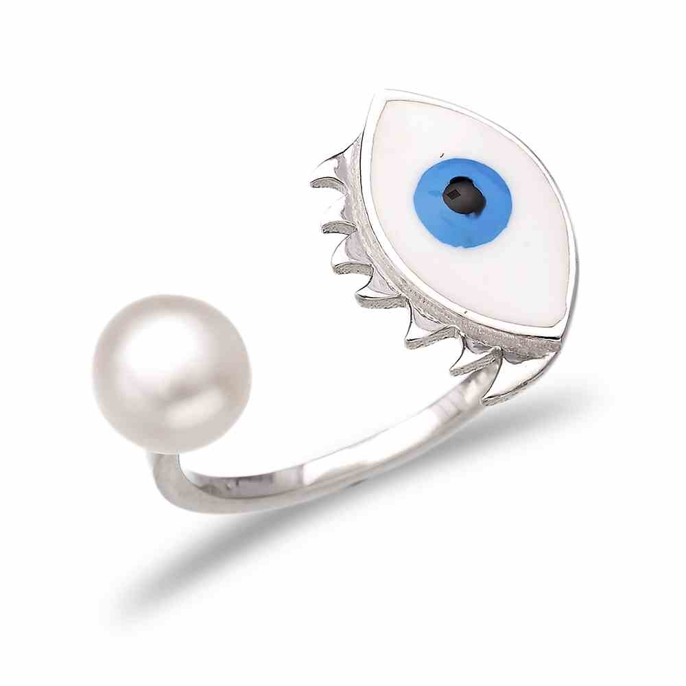 Pearl Turkish Wholesale Handcrafted Adjustable Evil Eye Silver Ring